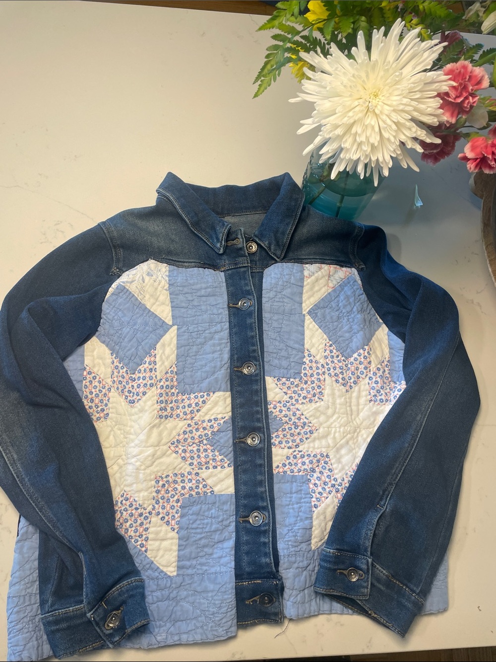 Artisan Handmade Quilt-Front Denim Jacket - Blue & White - Picture 3 of 7
